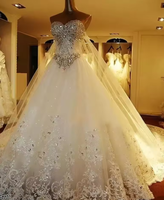 Robe de Mariée Étincelante en Dentelle et Cristal 2025, Style Princesse en Tulle, Col Cœur, Traîne Cathédrale, Modèle Arabe Dubai Vestidos De Noiva Mariage