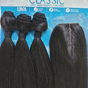 Extensions de cheveux synthétiques ultra-lisses, 3 paquets avec closure, 28 pouces, résistantes à la chaleur - Product Image 5