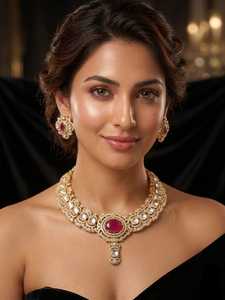 Hermoso Conjunto de Collar de Latón con Moissanita Polki y Brillantes Piedras Polki, Joyería Étnica India para Mujer, Perfecto para Bodas - Product Image 2