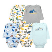 Lot de 5 grenouillères en coton pour bébé, manches longues, fermeture boutonnée, 9-12 mois, motif brodé mignon, été