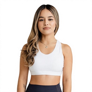 Women's White Racerback Sports <b>Bra</b> With Navy Band Medium Support Breathable Seamless Fitness Wear - Product Image 4