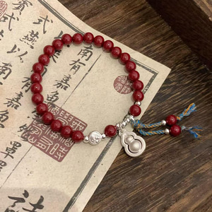 Sterling Silver Gourd Charm <b>Bracelet</b> With Garnet <b>Beads</b> Tassel Design Unisex Gift Jewelry - Product Image 3