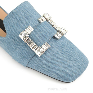Close Square <b>Toe</b> Denim Upper With Crystal Buckle Decoration Flats Mules Ladies Women's Slide Diamond Slipper Sandals - Product Image 3