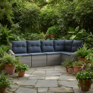 Ensemble de canapés de jardin en polyrotin gris 5 pièces avec coussins, mobilier d'extérieur au design contemporain - Product Image 2