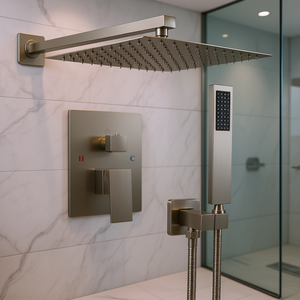 Juego de grifería de baño de latón con cabezal de ducha cuadrado y set de ducha de mano, montaje en pared, acabado níquel cepillado, diseño moderno, 1 manija, válvula de cerámica - Product Image 2