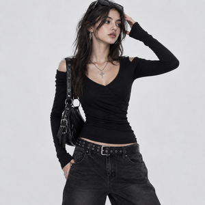 T-shirt moulant noir à épaules dénudées pour femme, en viscose et élasthanne, manches longues, style streetwear décontracté et sexy, mode Y2K - Product Image 1