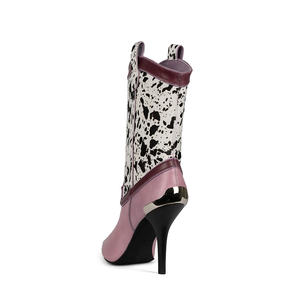Botas de tacón medio de estilo occidental para mujer, botines rosas con punta de metal, zapatos de cuero vaquero - Product Image 4