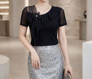 Summer New Women's Pullover Short-sleeved Top Western Style Oblique Collar Ruffled Handmade Flower Beads Tight Waist Slimming T - Product Image 6