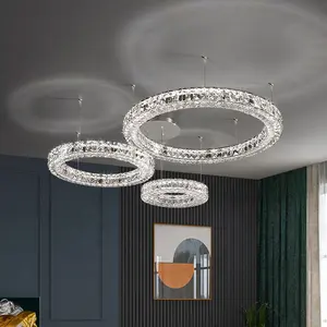 Large large round circle ring chandelier pendant lamps led silver stainless steel luxury hanging lighting fixtures pendant light