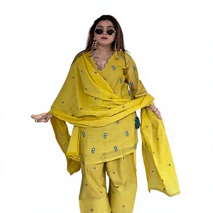Conjunto de salwar dhoti con dupatta y estampado en relieve para fiesta, de diseñador, para mujer, en tela crepé natural de secado rápido, ropa india y pakistaní. - Product Image 1