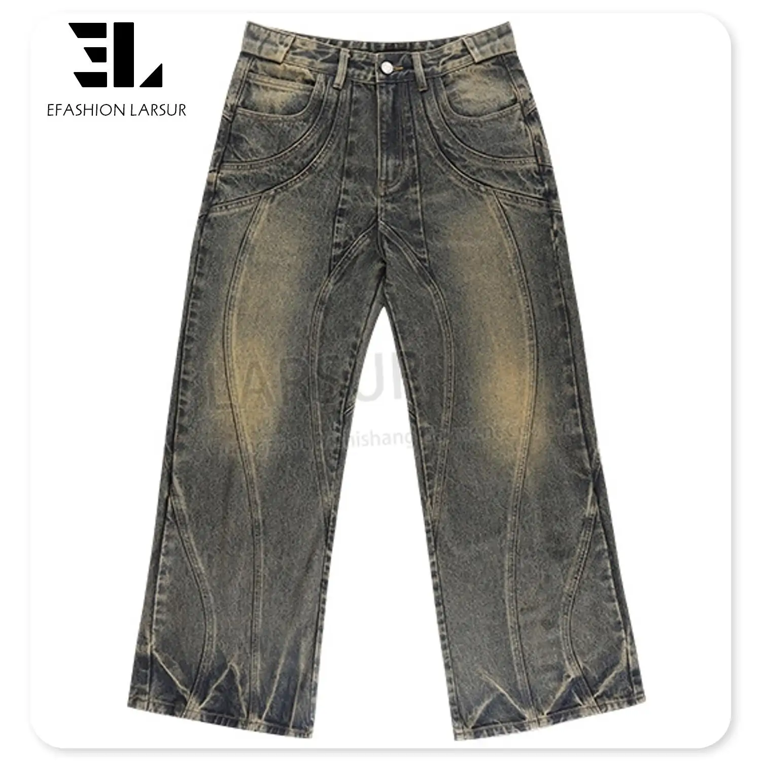 Larsur Custom Denim Fabriek Vintage Zware Distressed Flare Denim Broek Mannen Wave Naad Wijde Pijpen Flare Jeans Mannen Cut En Naaien Jeans