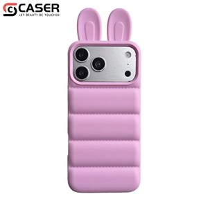 Coque de téléphone en silicone avec oreilles de lapin mignonnes, couleur unie, antichoc, protection souple pour iPhone 15 16 17 Series - Product Image 1