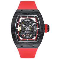 Montre mécanique de luxe pour homme Tonneau Skull - Boîtier en carbone avec aiguilles lumineuses et cadran lumineux transparent
