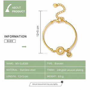 Bracelet jonc pour femme en acier inoxydable doré, design tube incurvé avec breloques gravées en forme de donut et de pièce de monnaie, réglable 12+5 cm - Product Image 3