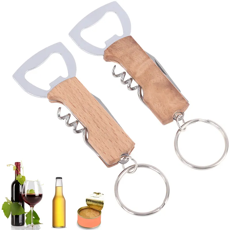 Red Wine Corkscrew 3 In 1 Multi-function Bar Keychain Wooden Beer Wine Bottle Opener