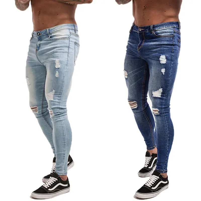 2022 High street classic blue super fly fabric jeans repaired and ripped jeans pants for men distressed skinny jeans men