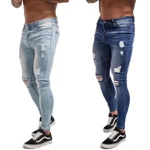 2022 High Street Klassieke Blauw Super Fly Stof Jeans Gerepareerd En Ripped Jeans Broek Voor Mannen Verontruste Skinny Jeans Mannen
