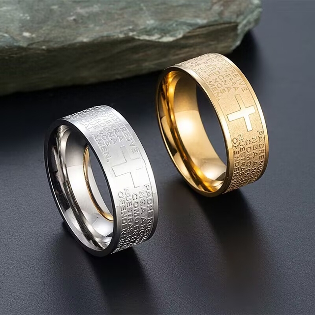 Christian Jesus Religious Bible Stainless Steel Ring Jewelry Personality Gift Cross Retro Spanish Bible Ring for Man Male