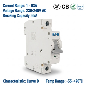 เบรกเกอร์ขนาดเล็ก E6 ซีรีส์ E6-50/1/D 50A 1P 230V แบบ D Curve มาตรฐาน CE, CCC, ISO สำหรับระบบจ่ายไฟ - Product Image 2