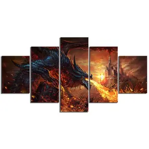 Unframed 5 Piece Fantasy Art Paintings Fire Dragon Poster World of Warcraft Game Poster Pictures Canvas Paintings Wall Art for H