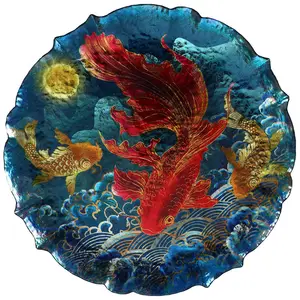 Customized of 13inch koi fish design glass charger plate restaurant wedding dinner glass plates for decoration
