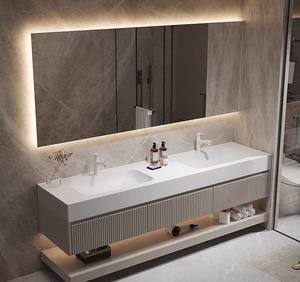 Contemporary double sink bathroom vanity with double layer slate top smart led light mirror cabinet - Product Image 4