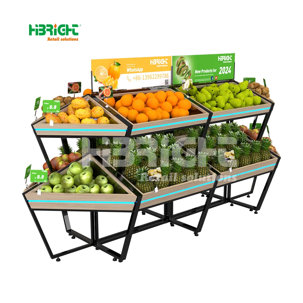 Easy Movement Inner Light Strip Fruit Display Stand Supermarket Wooden Vegetable Rack with Casters