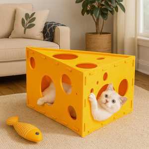 سرير كهف للقطط على شكل جبنة، بيت للكلاب دافئ للشتاء، تصميم مخصص مع عمود للخدش - Product Image 3