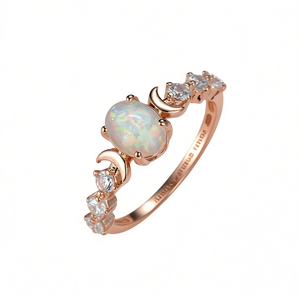 Anello in Lega Oro Rosa con Opale e Design Luna, Incastonatura a Griffe con Accenti di Diamanti, Anello Bohemien con Gemma per Fidanzamento T0073 da Donna - Product Image 1