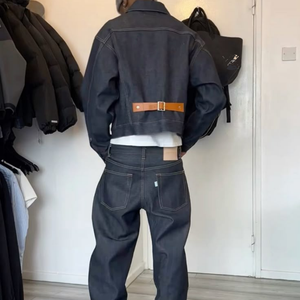 Ensemble de vêtements de travail en denim foncé pour homme, veste boutonnée et pantalon, 100% coton tissé, denim uni - Product Image 2