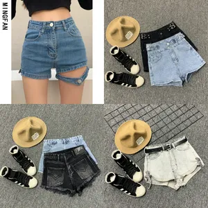 2024 jeans rửa sạch rách lỗ và tua được mỏng in Quần short denim quần của phụ nữ