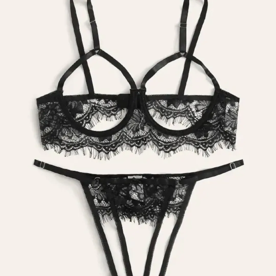 Sexy Beugel Strappy Wimper Bloemen Kant Doorschijnende Lingerie Set Voor Vrouwen Doorzichtig Beha En Panty 2 Stuk