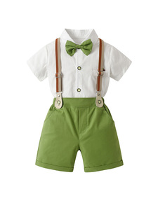 Adorable bébé garçon vert <span class=keywords><strong>blanc</strong></span> tenue ensemble chemise à pois nœud papillon bretelles Shorts élégant décontracté et vêtements de cérémonie - Product Image 4