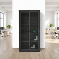 Armoire de classement en acier antirouille avec porte coulissante en verre, armoire de rangement de bureau en métal avec étagères réglables, noire