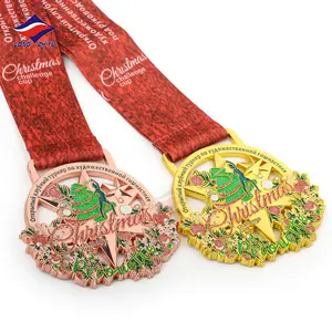 Longzhiyu कस्टम 2022 मुलायम तामचीनी दौर धातु उत्कीर्णन क्रिसमस पेड़ के साथ पदक रिबन खोखले बाहर पदक