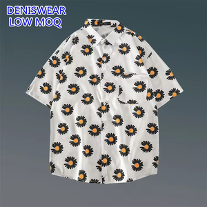 Camicie Estive Floreali da Uomo con Basso MOQ, Stampa Margherite e Girasoli su Sfondo Bianco, Oversize a Maniche Corte, Casual da Strada con Bottoni - Product Image 1