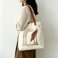 Sac fourre-tout en toile OEM avec imprimé plumes et colonnes romaines, rivets marron en PU, sac à bandoulière pour étudiant