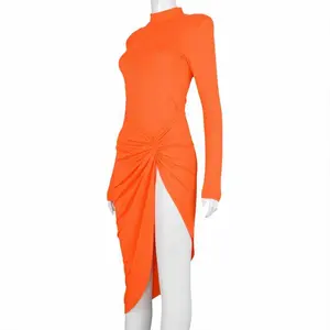 ชุดเดรสรัดรูปแขนยาวสำหรับผู้หญิง,ชุดเดรสเข้ารูปผ่าข้างเสื้อพาร์ตี้สีพื้นเสื้อผ้าสำหรับฤดูใบไม้ร่วง HYD875C ปี2021