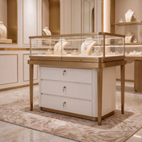 Vitrine de présentation de bijoux de luxe en or brossé, vitrine de magasin de bijoux en verre trempé, présentoir en verre autoportant