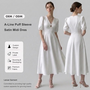 <span class=keywords><strong>Abito</strong></span> <span class=keywords><strong>Midi</strong></span> in <span class=keywords><strong>Raso</strong></span> Personalizzato OEM da Donna, Linea A, con Maniche Corte a Sbuffo e Dettaglio Keyhole, per Occasioni Casual e Nuziali - Product Image 1