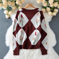 Cardigan en tricot floral bordeaux pour femme, boutons contrastants, manches longues, pull épais, coupe décontractée, tricot d'automne et d'hiver