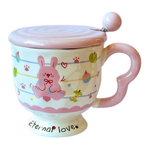Taza de Cerámica con Tapa y Cuchara, Diseño de Perro y Conejo de Dibujos Animados, Regalo para Parejas, Primavera 2025, Taza Individual - Product Image 5