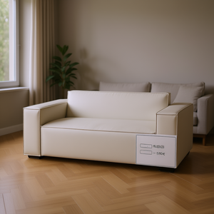 Divano Minimalista a Due Posti in Pelle PU Bianco Sporco con Imbottitura in Schiuma, Mobili per Soggiorno, Braccioli Quadrati, Schienale Rigido, Gambe in Plastica - Product Image 2