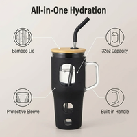 Vaso de Vidrio de Borosilicato de Alta Calidad de 32oz con Asa, Tapa de Bambú, Marcador de Tiempo y Funda de Silicona, Vaso para Auto de Boca Ancha