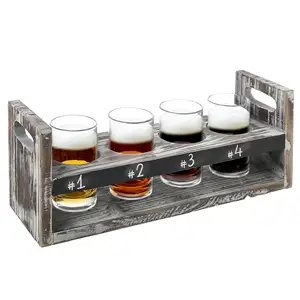 5 Piece Beer Flight Board Tasting Sampler Set with Chalkboard Panel 4 Beer Glasses Wood Serving Carrying Tray