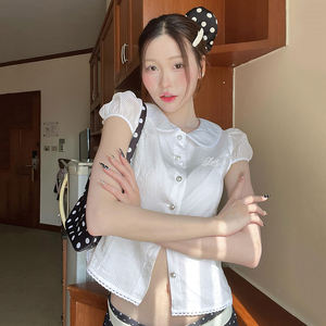 Blusa de Manga Abullonada con Cuello de Muñeca Estilo Academia para Mujer, Camisa Corta con Botones de Perlas y Cintura Ajustada - Product Image 3