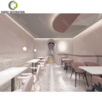Ensemble de mobilier de restaurant commercial moderne rose, comptoir de service en marbre, table et chaise en bois durable pour les cafés