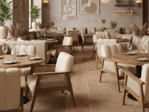 Set di Arredamento Moderno per Ristoranti: Sedie in Pelle Bianca con Tavolo in Legno Massello per Ristoranti Fast Food - Product Image 3