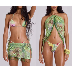 Tropical Print Women Bikini Set With Matching Cover Up Sexy <b>Beach</b> Swimsuit 3 Piece Swimwear - Product Image 1