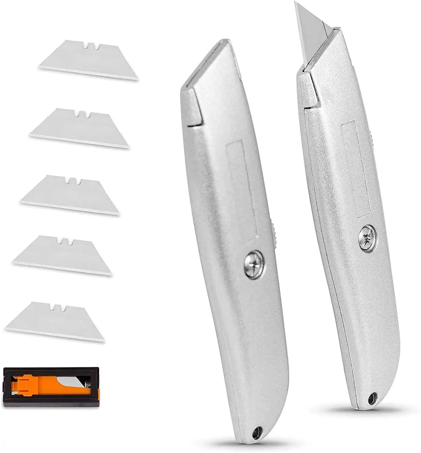 Pemotong kotak pisau utilitas dapat ditarik dengan bodi logam tahan lama dan 5 pisau ekstra